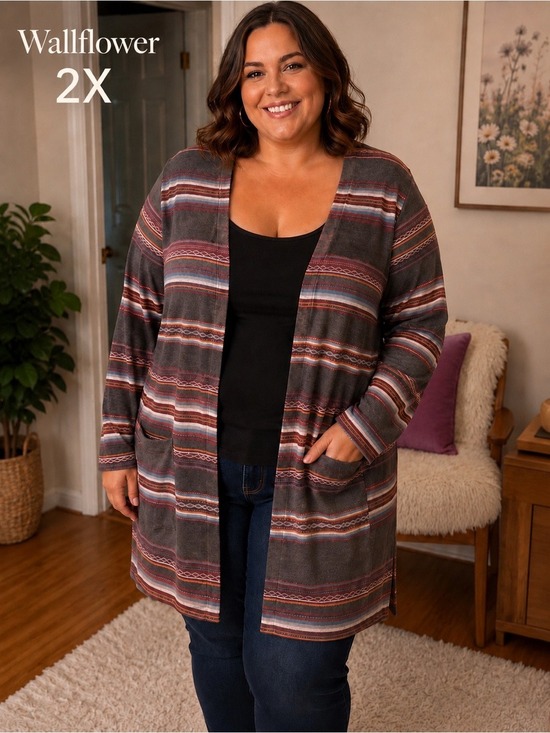 Wallflower Sweaters - Wallflower 2X Open Front Striped Cardigan Duster Boho Lightweight Pocket Sweater